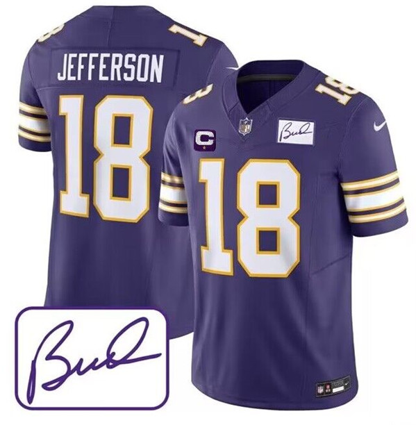 Men's Minnesota Vikings #18 Justin Jefferson Purple 2023 F.U.S.E. Bud Grant patch With C Patch Limited Stitched Jersey